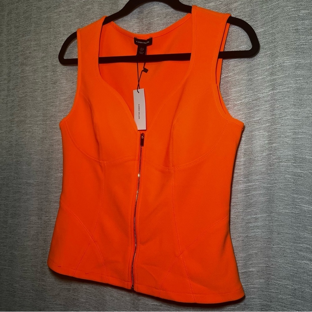 Karen Millen Neon Orange Figure Form Bodice Zip-Front Sleeveless Tank Top 8 - Picture 3 of 14